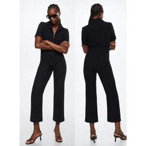 Mango Short Sleeve Belted Straight Leg Textured Tweed Jumpsuit Black Women's M
